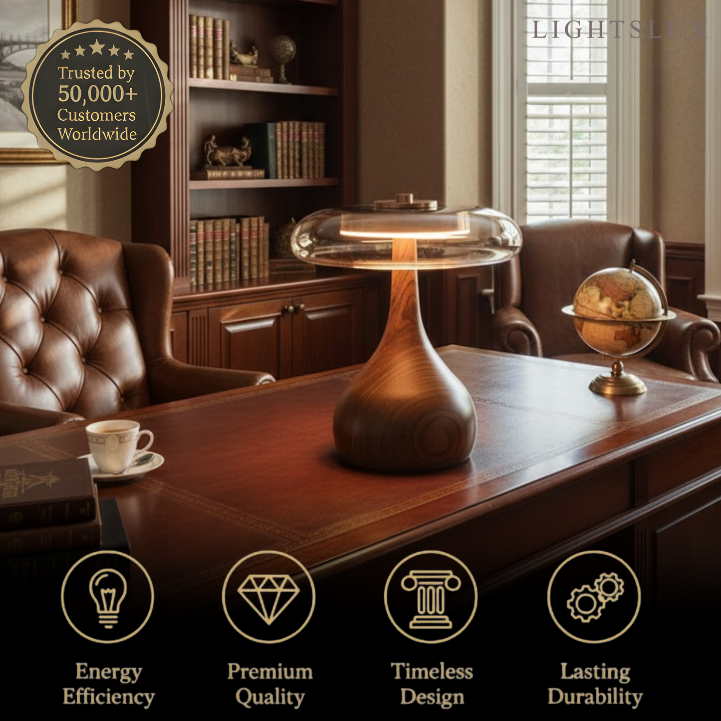 Modern Table Lamp – Wood Base & Amber Glass Shade for Desk Bedside Console