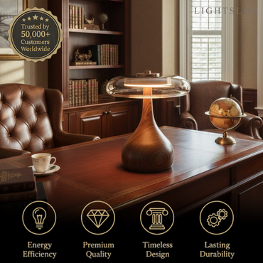 Modern Table Lamp – Wood Base & Amber Glass Shade for Desk Bedside Console