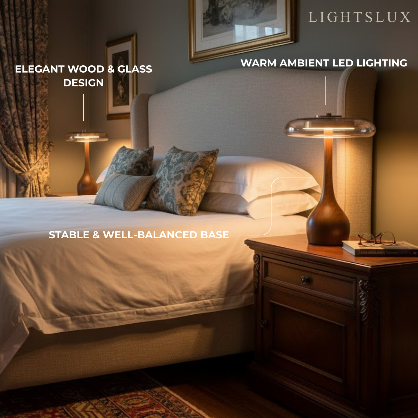 Modern Table Lamp – Wood Base & Amber Glass Shade for Desk Bedside Console