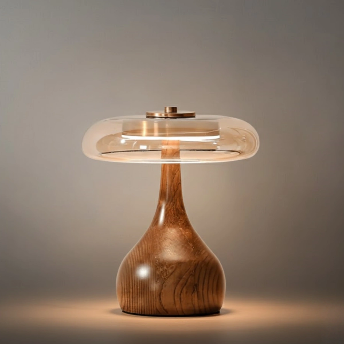 Modern Table Lamp – Wood Base & Amber Glass Shade for Desk Bedside Console