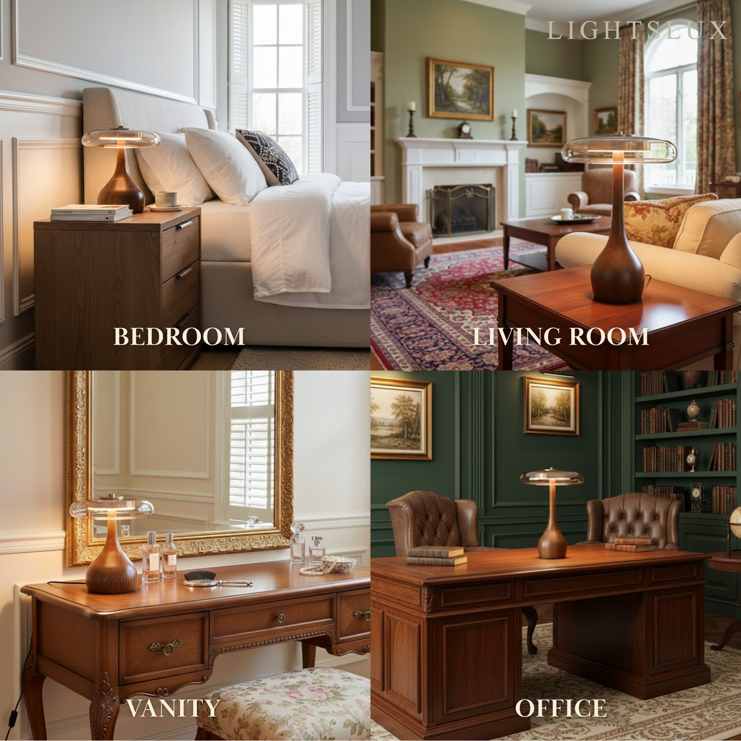 Modern Table Lamp – Wood Base & Amber Glass Shade for Desk Bedside Console