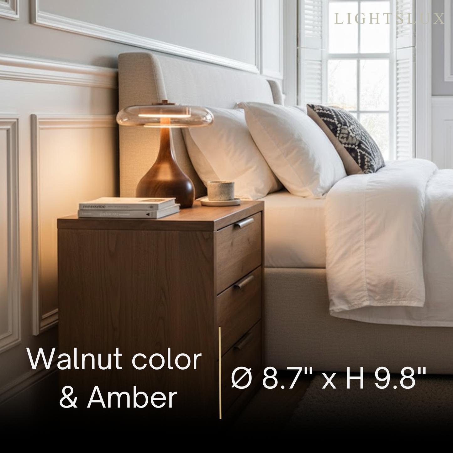 Modern Table Lamp – Wood Base & Amber Glass Shade for Desk Bedside Console