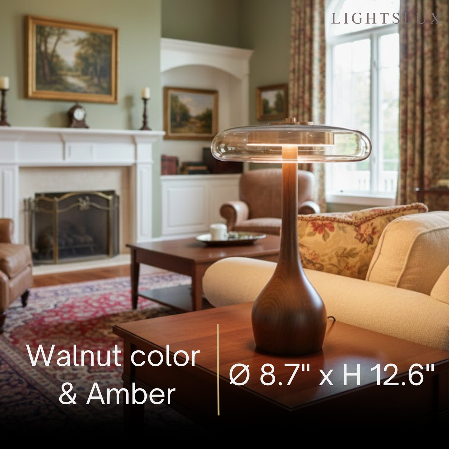 Modern Table Lamp – Wood Base & Amber Glass Shade for Desk Bedside Console