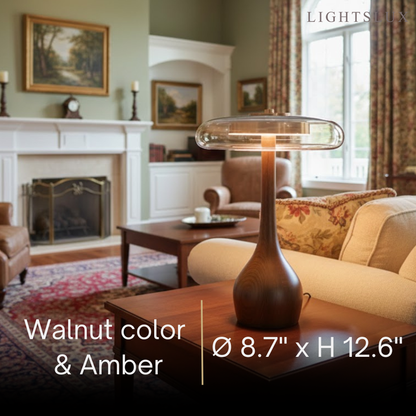 Modern Table Lamp – Wood Base & Amber Glass Shade for Desk Bedside Console