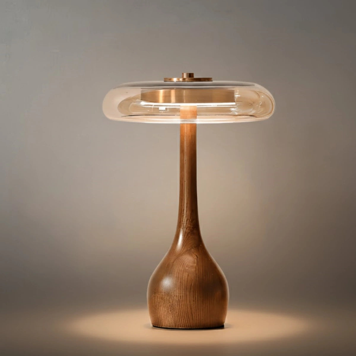 Modern Table Lamp – Wood Base & Amber Glass Shade for Desk Bedside Console