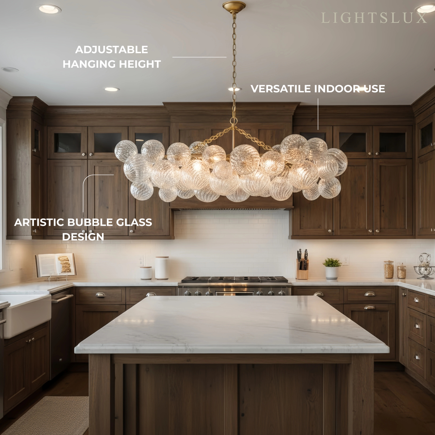 Modern Chandelier – Bubble Etched Glass Golden Chains Artistic for Dining Room/Entryway