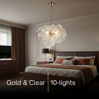 Modern Chandelier – Bubble Etched Glass Golden Chains Artistic for Dining Room/Entryway