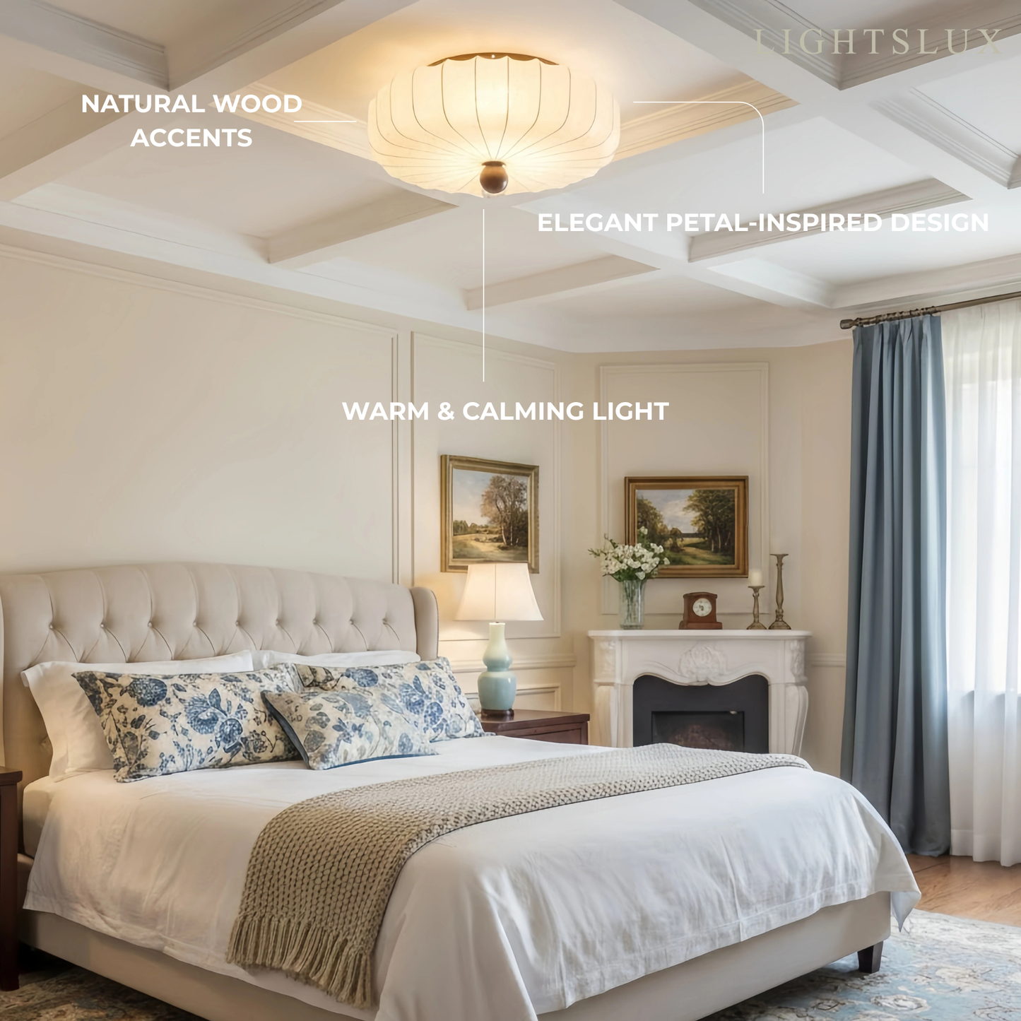 Modern Ceiling Light – Fabric Petal Floral Pattern Wood Accents for Bedroom Living Space