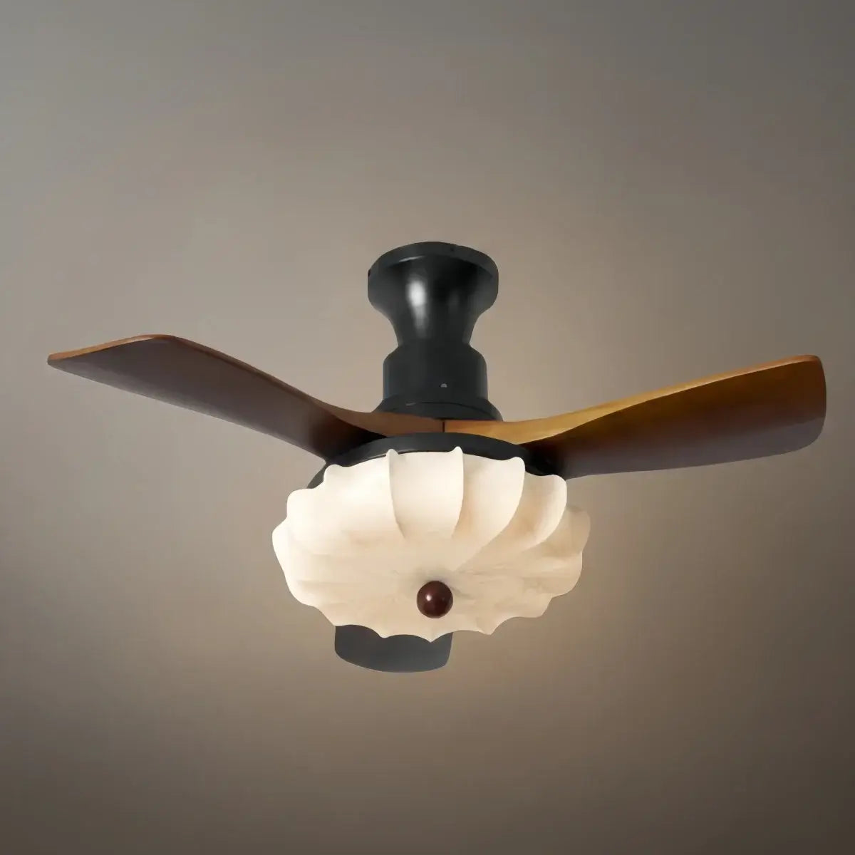 Modern Ceiling Fan Light — Lotus Fabric Shade & Walnut Wood