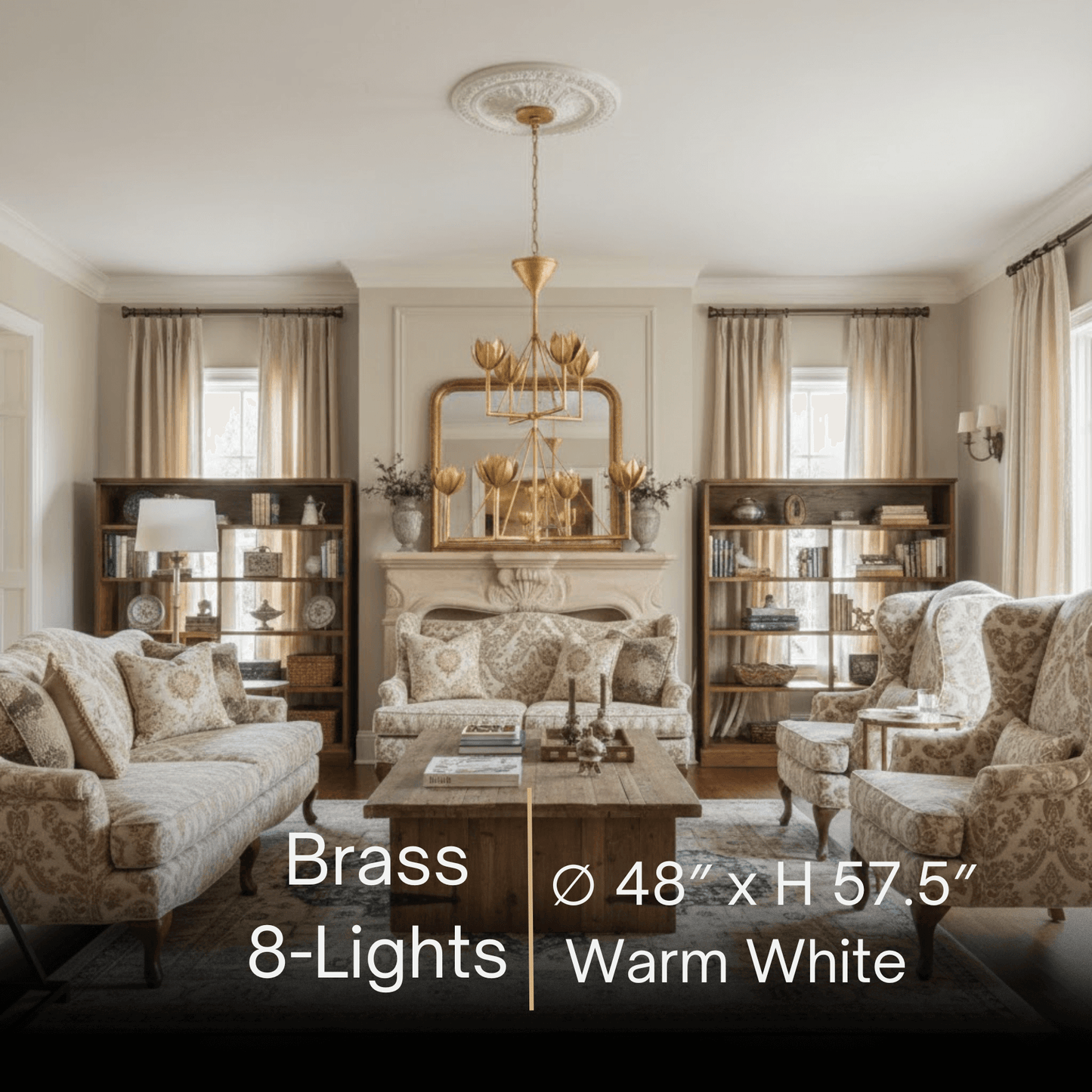 Chandelier — Curved Petal Shades & Brass Frame for Dining Room