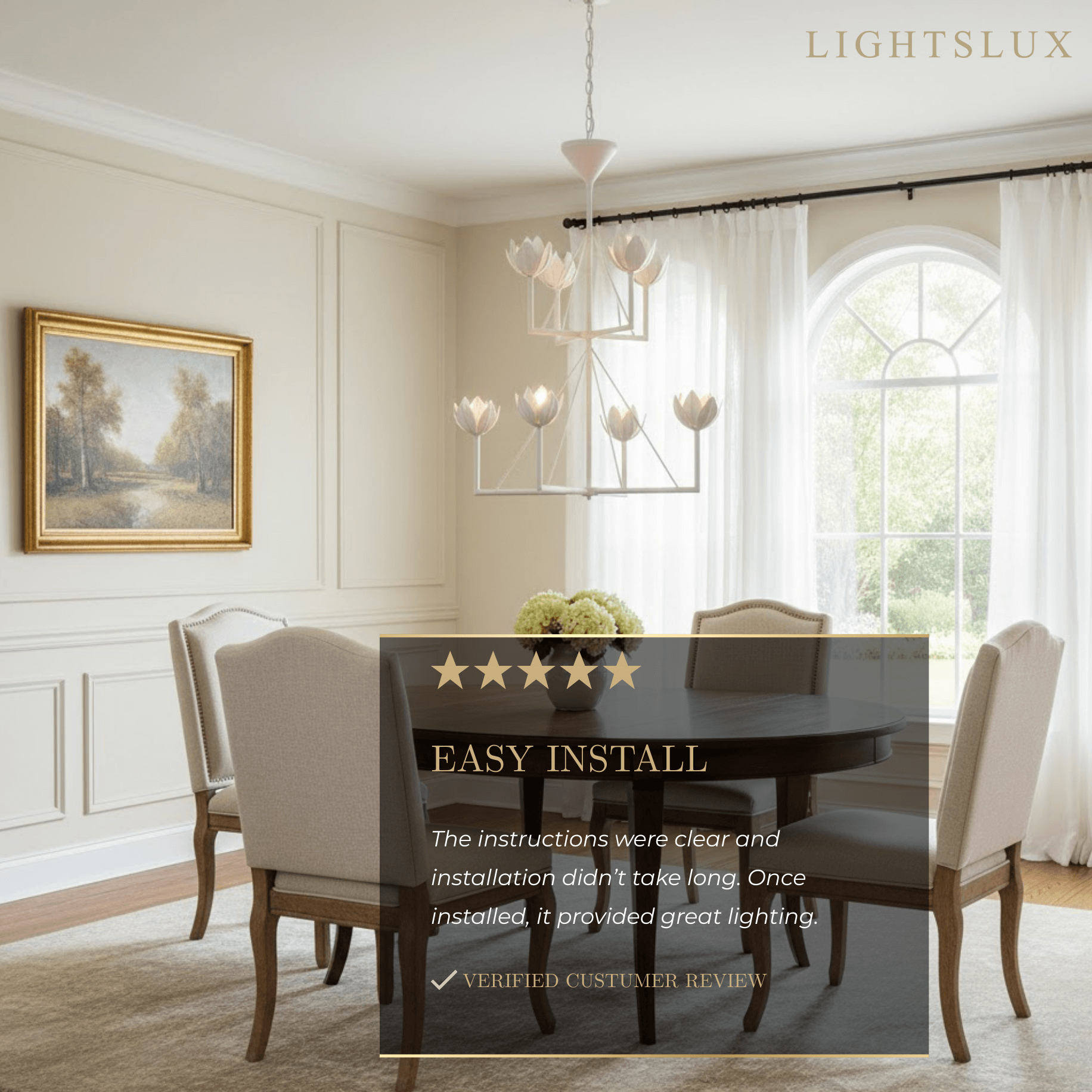 Chandelier — Curved Petal Shades & Brass Frame for Dining Room