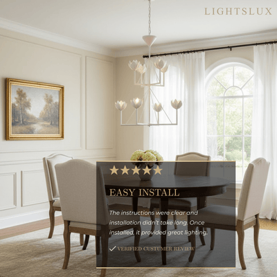 Chandelier — Curved Petal Shades & Brass Frame for Dining Room