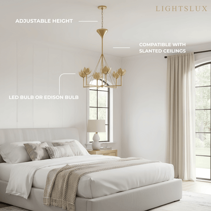 Chandelier — Curved Petal Shades & Brass Frame for Dining Room