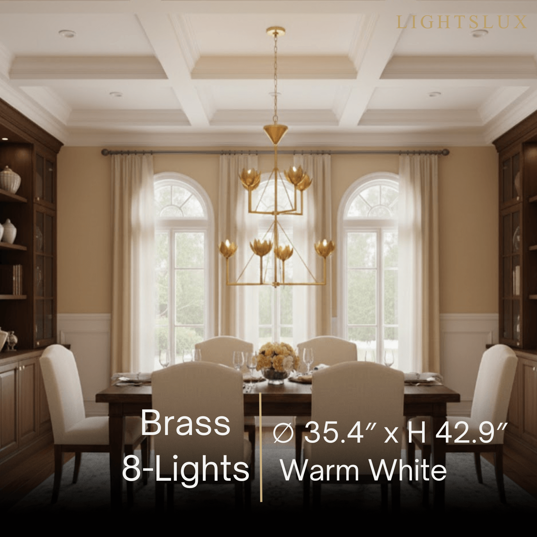 Chandelier — Curved Petal Shades & Brass Frame for Dining Room