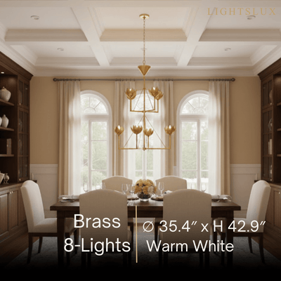 Chandelier — Curved Petal Shades & Brass Frame for Dining Room