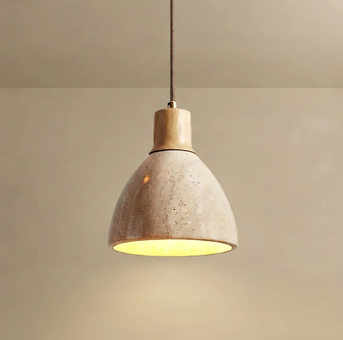 Strata Modern Organic Pendant Light — Travertine Stone & Wood Kitchen Island Lighting