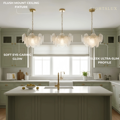 Modern Gold Chandelier — Rippled Wavy Glass Panels & Iron Frame for Living Room