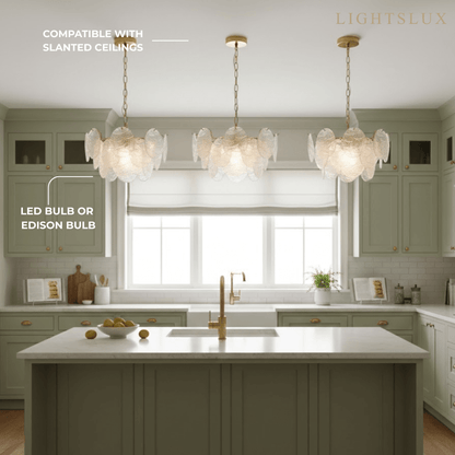  Chandelier — Rippled Wavy Glass Panels & Iron Frame for Living Room