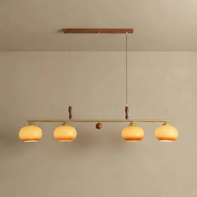 Pendant Lamp — Amber Glass Shades & Brass Bar Wood Accent for Dining Table
