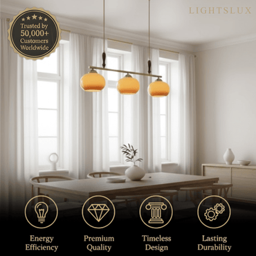 Modern Pendant Lamp — Amber Glass Shades & Brass Bar Wood Accent