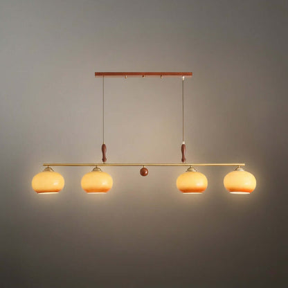 Modern Pendant Lamp — Amber Glass Shades & Brass Bar Wood Accent