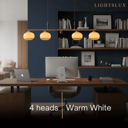 Modern Pendant Lamp — Amber Glass Shades & Brass Bar Wood Accent