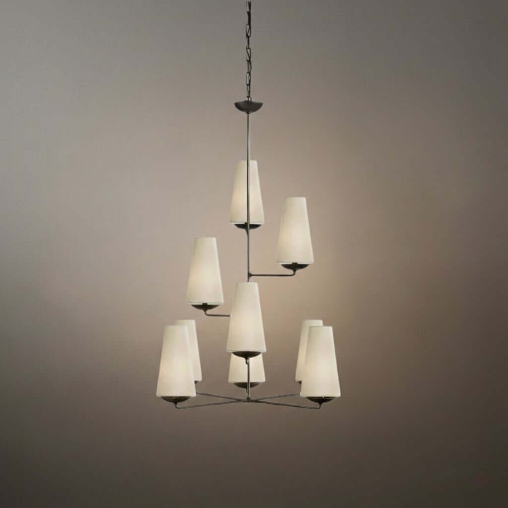 Modern Tiered Chandelier — Copper Frame & Linen Shades 