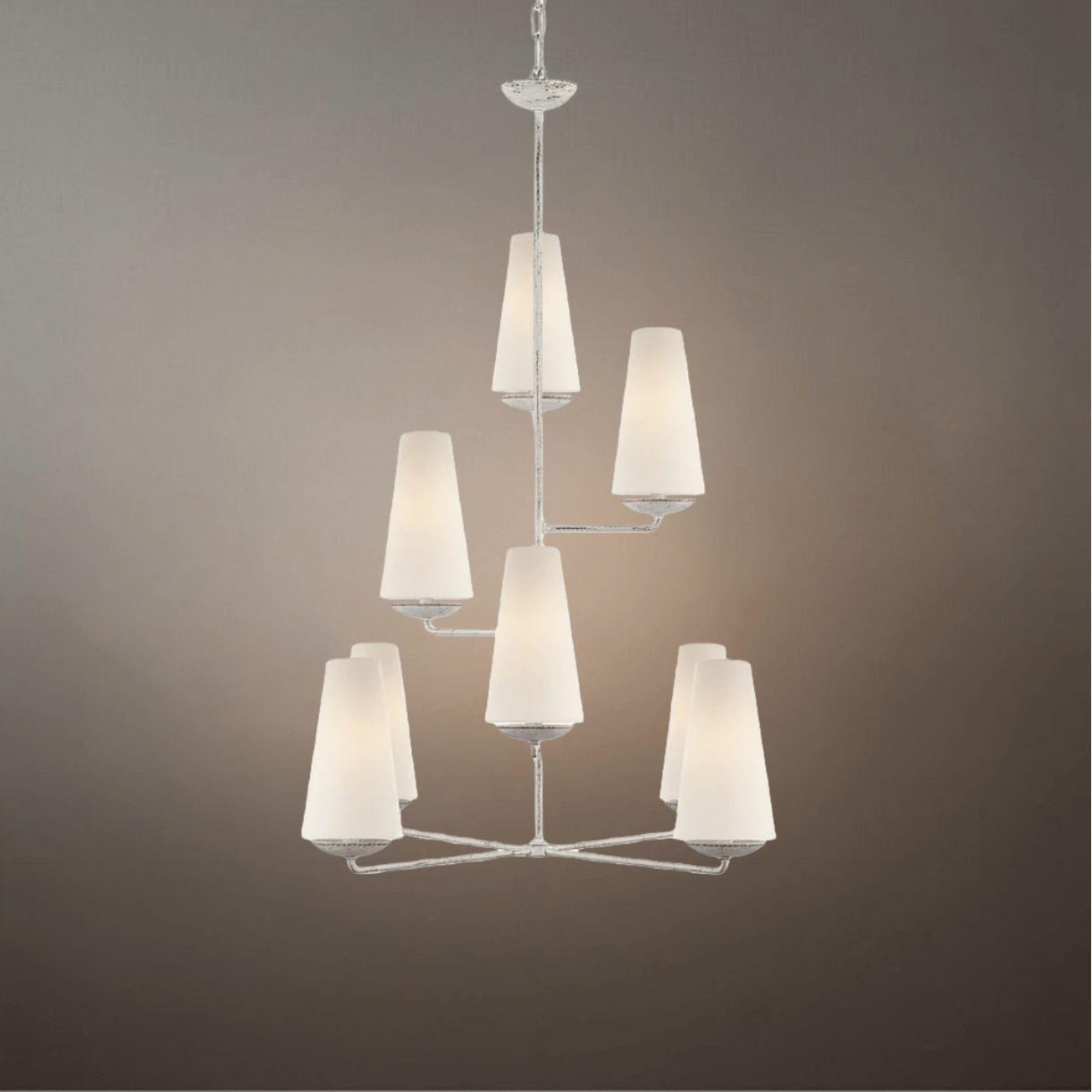 Modern Tiered Chandelier — Copper Frame & Linen Shades 