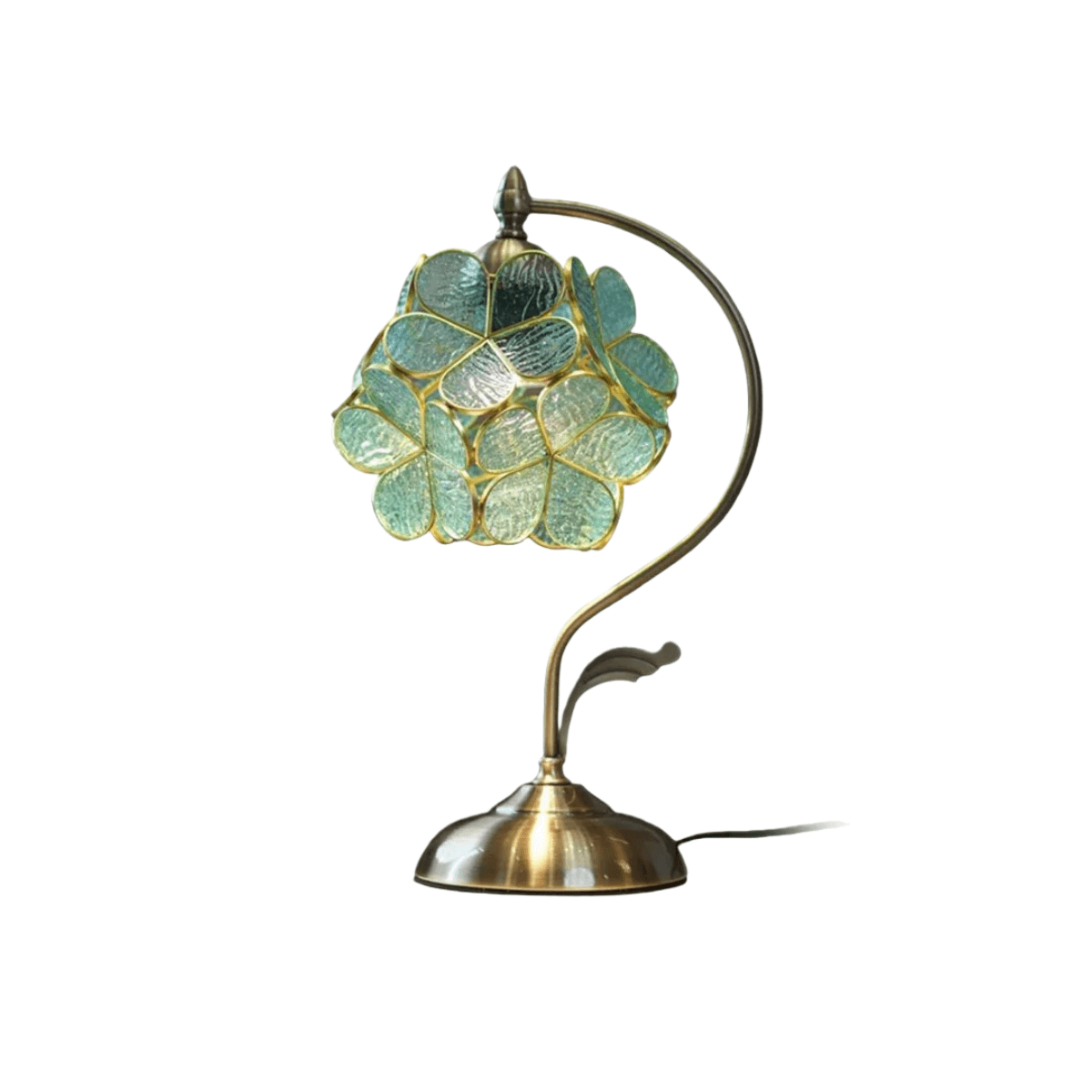 Artisan Leaf-Inspired Desk Lamp — Seafoam Green Glass Leaves & Antique Brass