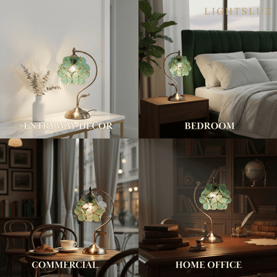 Artisan Leaf-Inspired Desk Lamp — Seafoam Green Glass Leaves & Antique Brass
