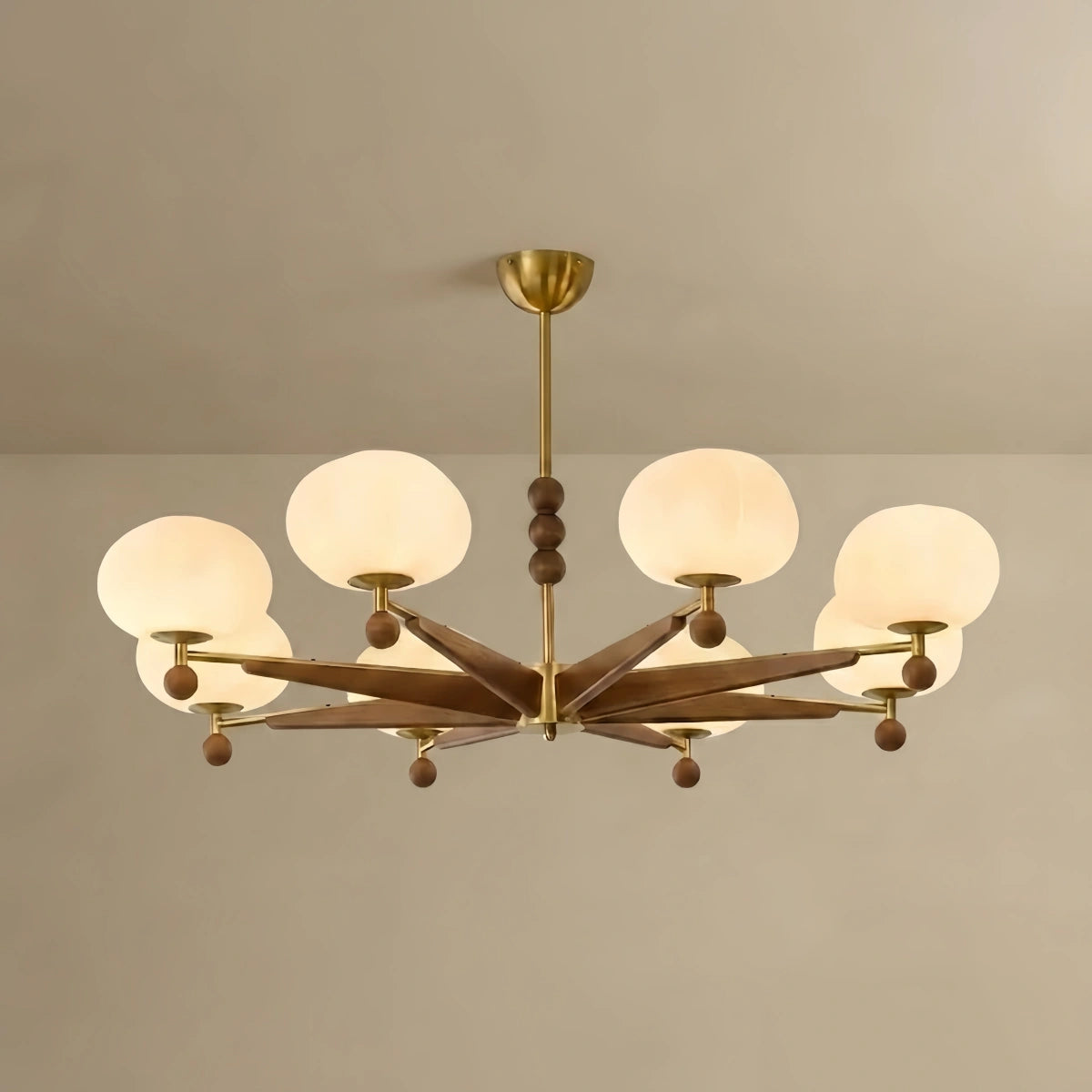 Mid-Century Modern Starburst Chandelier — Brass Walnut Opal Glass for Dining Room