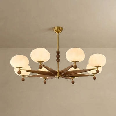 Mid-Century Modern Starburst Chandelier — Brass Walnut Opal Glass for Dining Room