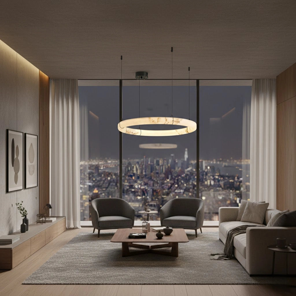 Pendant Lamp — Hand-Carved Stone & Black Metal for Dining Room