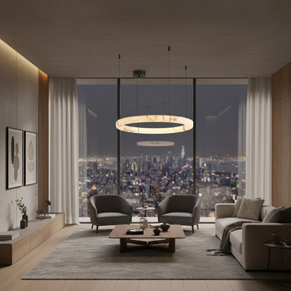 Pendant Lamp — Hand-Carved Stone & Black Metal for Dining Room