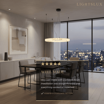 Pendant Lamp — Hand-Carved Stone & Black Metal for Dining Room