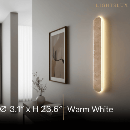 Travertine Pillar Wall Lamp — Slender Carved Stone with Back Glow