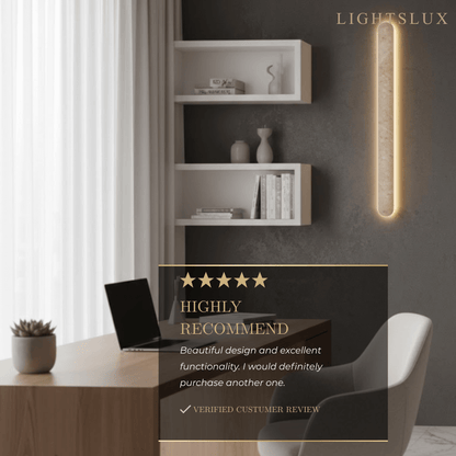 Travertine Pillar Wall Lamp — Slender Carved Stone with Back Glow