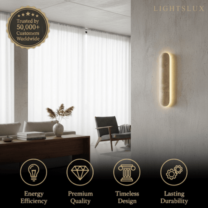 Travertine Pillar Wall Lamp — Slender Carved Stone with Back Glow