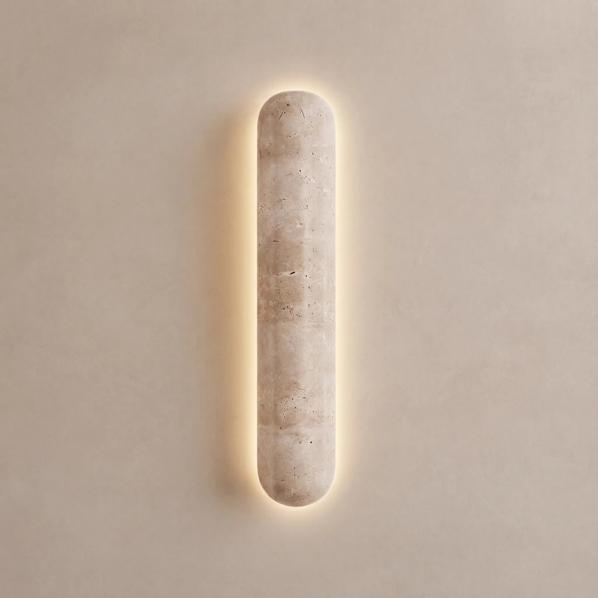 Strata Minimalist Travertine Pillar Wall Lamp — Slender Carved Stone with Back Glow