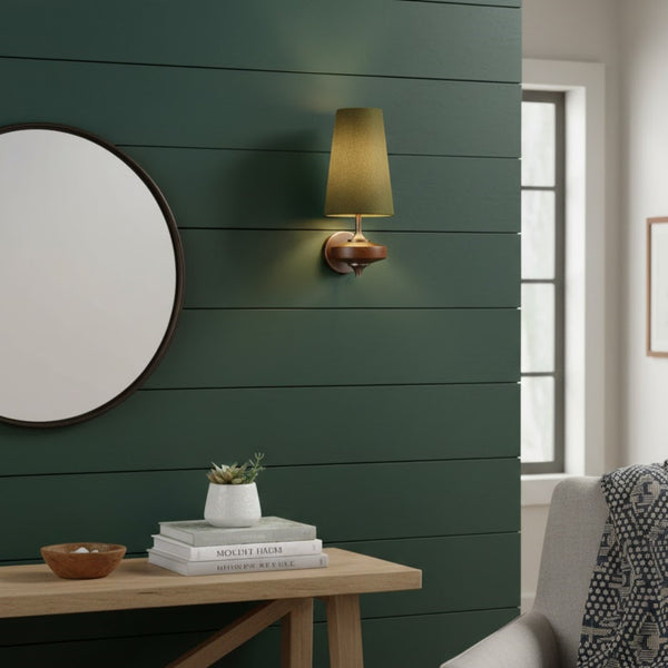 Mid-Century Wall Sconce – Fabric Shade and Wood Wall Light