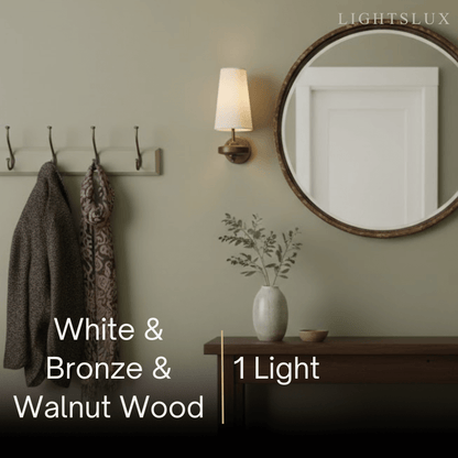 Mid-Century Wall Sconce – Fabric Shade and Wood Wall Light in Bronze for Bedroom