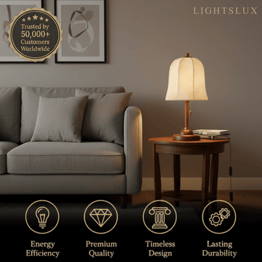 Modern Fabric Table Lamp – Copper and Walnut Wood Bedside Light for Bedroom