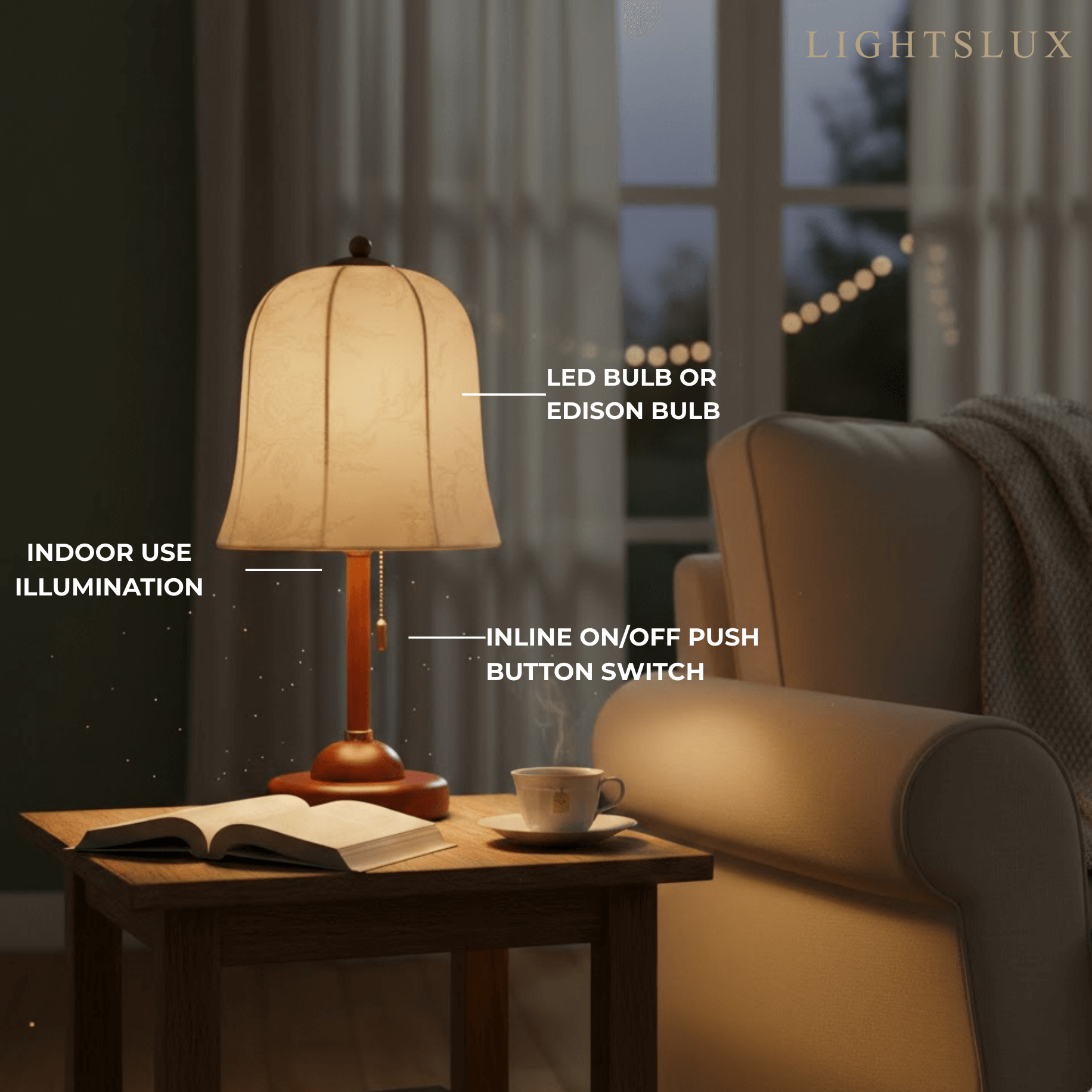 Modern Fabric Table Lamp – Copper and Walnut Wood Bedside Light for Bedroom