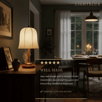 Modern Fabric Table Lamp – Copper and Walnut Wood Bedside Light for Bedroom