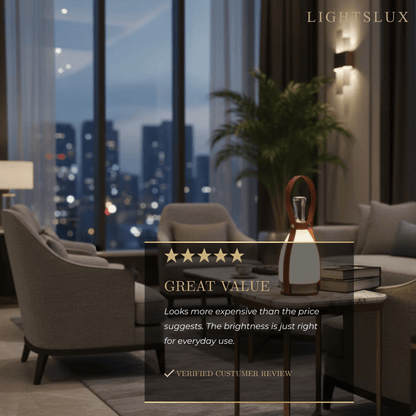 Modern Leather Table Lamp – Portable LED Glass Light in Brown, White or Silver for Bedroom