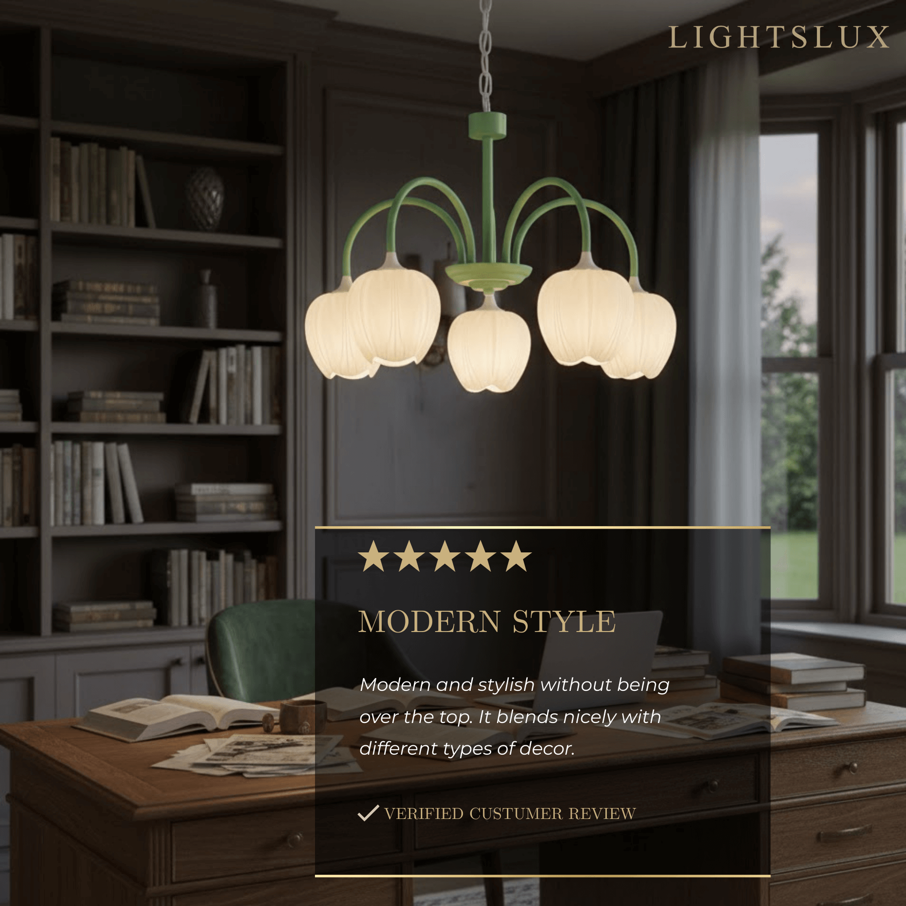 Modern Tulip Chandelier – Matcha Metal and White Glass Ceiling Light