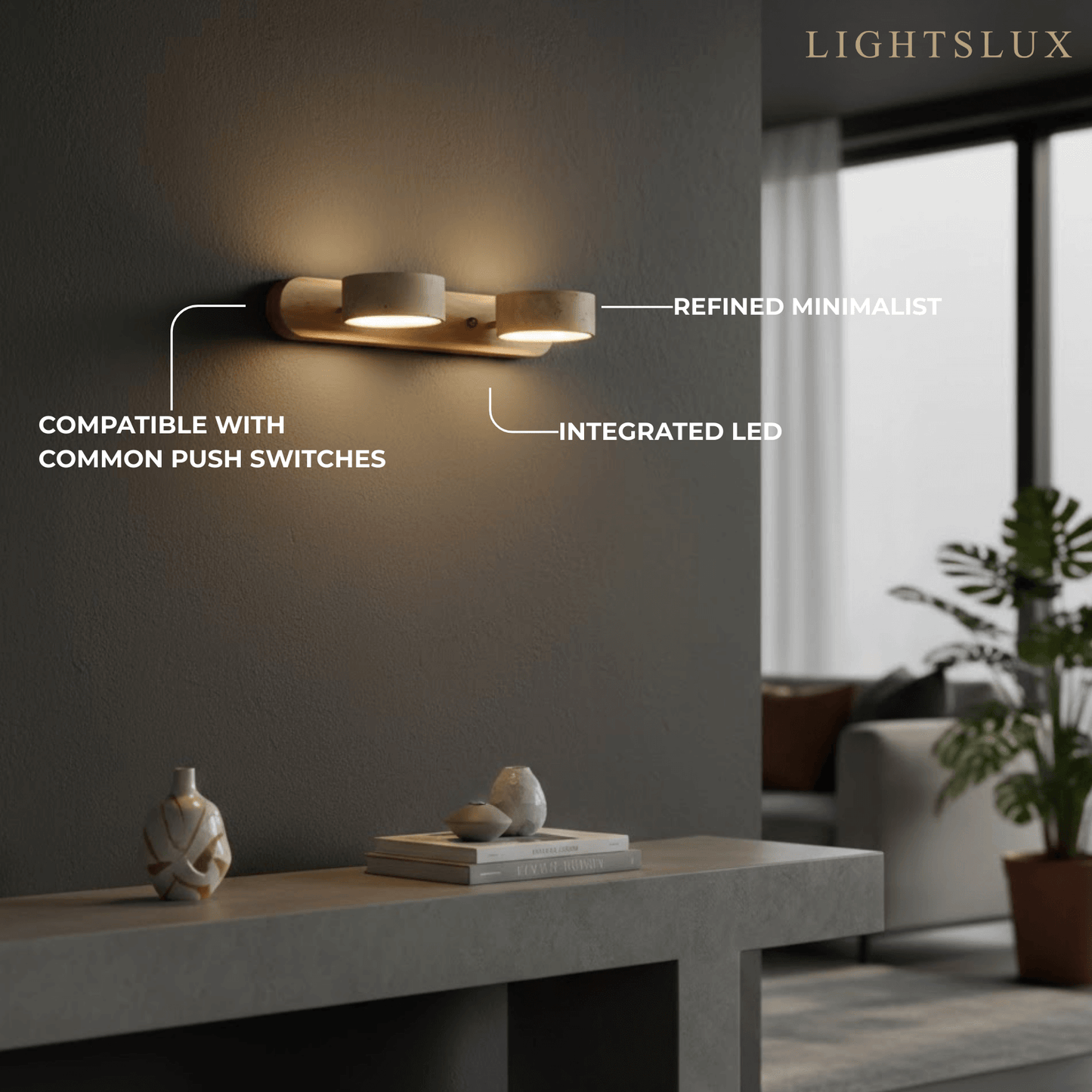 Modern Travertine Wall Light – Wood and Stone LED Sconce for Living Room