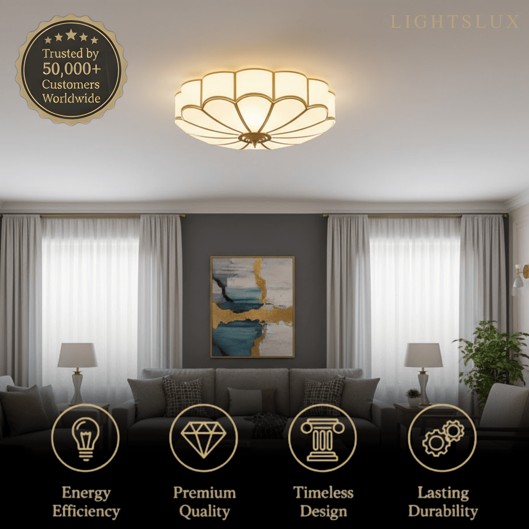 Modern Flower Glass Ceiling Light – Brass Flush Mount Lamp for Bedroom