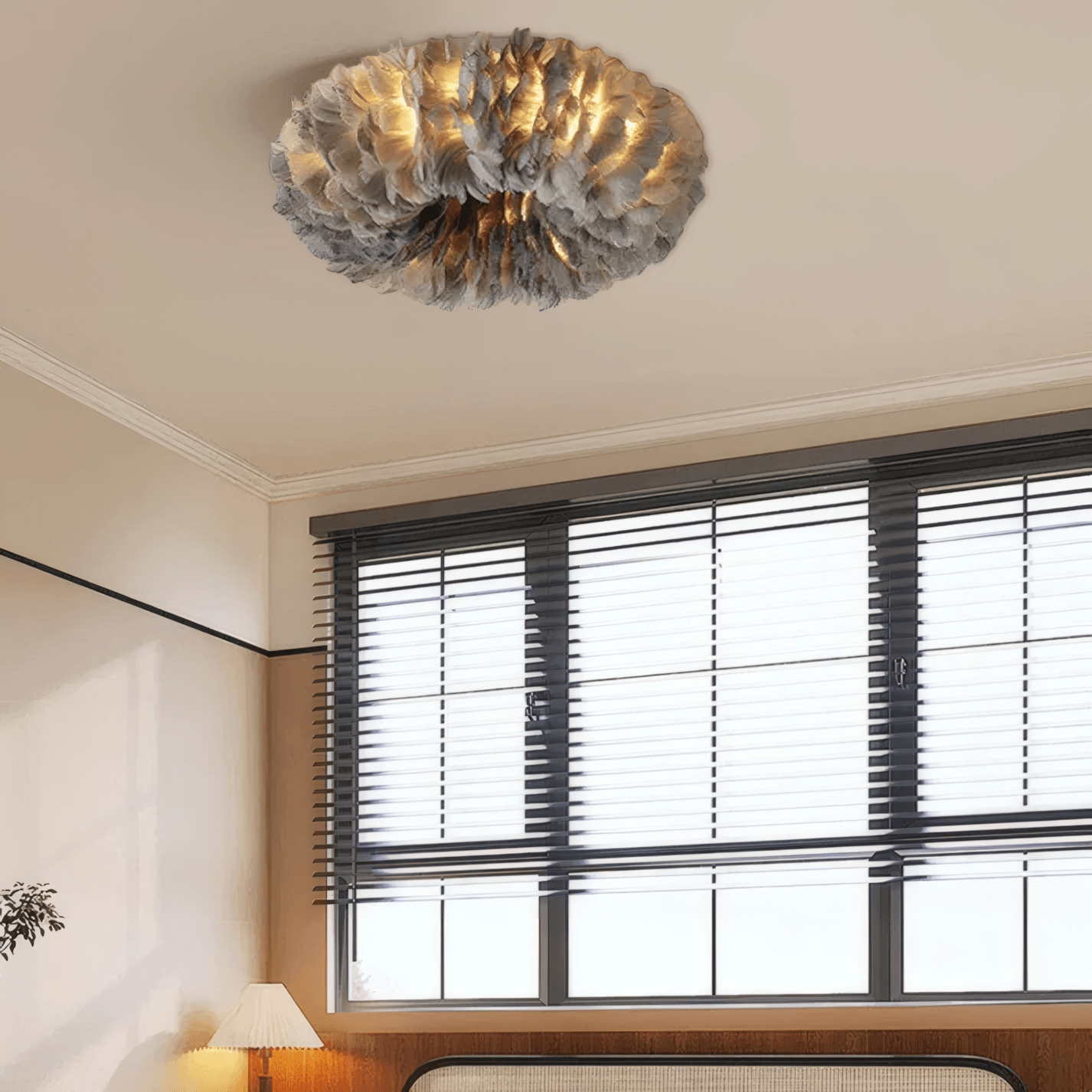 Art Deco grey Round Ceiling Light with Art Feather