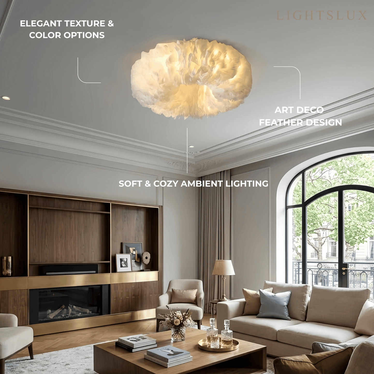 Lunara Art Deco Round Ceiling Light Art Feather